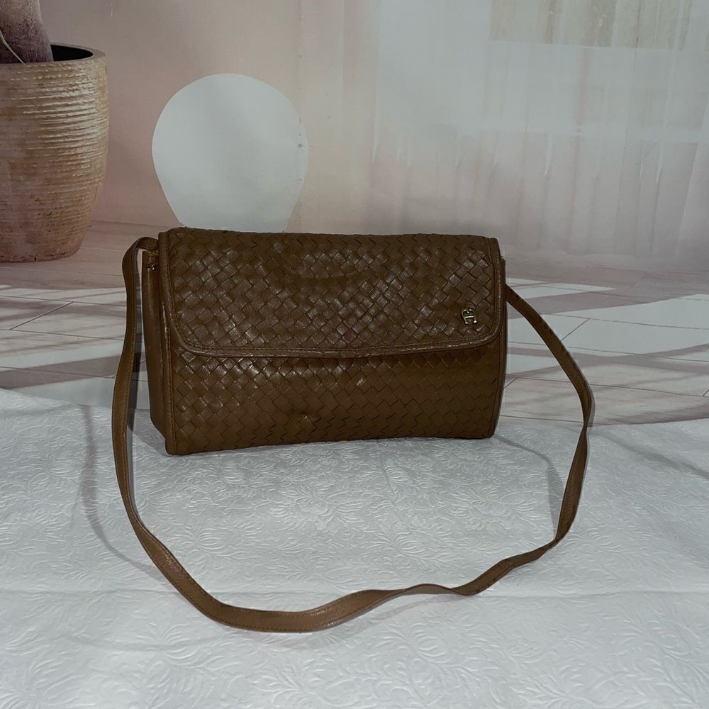Etienne Aigner Leather Weave Shoulder Bag Clutch Bag Brown Small
